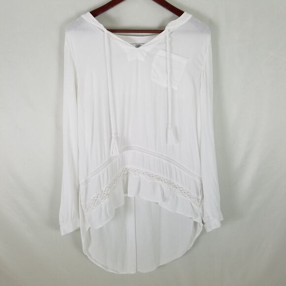 Crown & Ivy Shirt Womens Small Tunic Top Beach Long Bishop‎ Sleeve Tassled Sheer - Picture 1 of 11